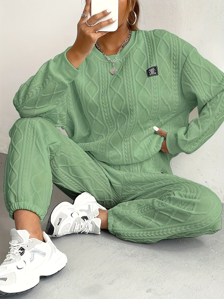 Women's Cozy Textured Pants Set - Soft Long Sleeve Crew Neck Sweatshirt, Comfortable Jogger Sweatpants Outfit, Casual Wear for Daily Life, Autumn Winter Essentials