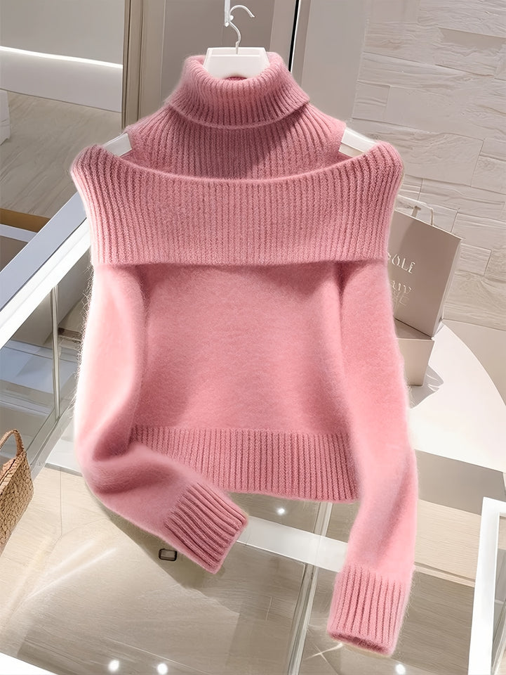 Women's Elegant High-Neck Turtleneck Sweater - Exposed Shoulder Design, Medium Stretch, Machine Washable, Solid Color Regular Fit Long Sleeve Pullover for Fall Winter, Seasonal Wardrobe, Minimalist Style, Cozy Material, Styli