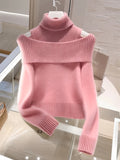 Women's Elegant High-Neck Turtleneck Sweater - Exposed Shoulder Design, Medium Stretch, Machine Washable, Solid Color Regular Fit Long Sleeve Pullover for Fall Winter, Seasonal Wardrobe, Minimalist Style, Cozy Material, Styli