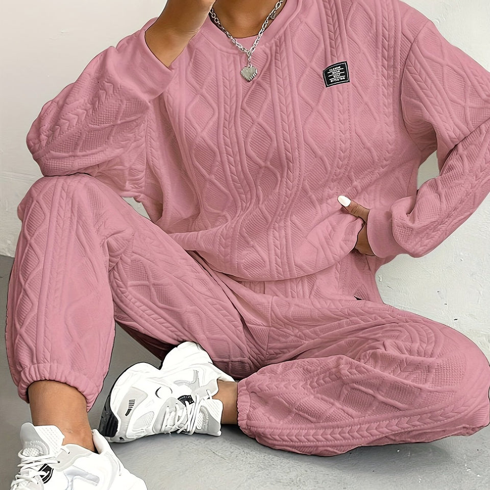 Women's Cozy Textured Pants Set - Soft Long Sleeve Crew Neck Sweatshirt, Comfortable Jogger Sweatpants Outfit, Casual Wear for Daily Life, Autumn Winter Essentials