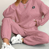 Women's Cozy Textured Pants Set - Soft Long Sleeve Crew Neck Sweatshirt, Comfortable Jogger Sweatpants Outfit, Casual Wear for Daily Life, Autumn Winter Essentials