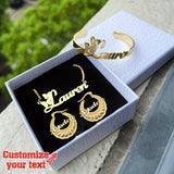 Personalized 4-in-1 Jewelry Set - Custom Name Necklace & Bangle, Dime Hoop Earrings, Stainless Steel, Elegant & Simple Style - Perfect Gift for Her, Daily Wear & Special Occasions