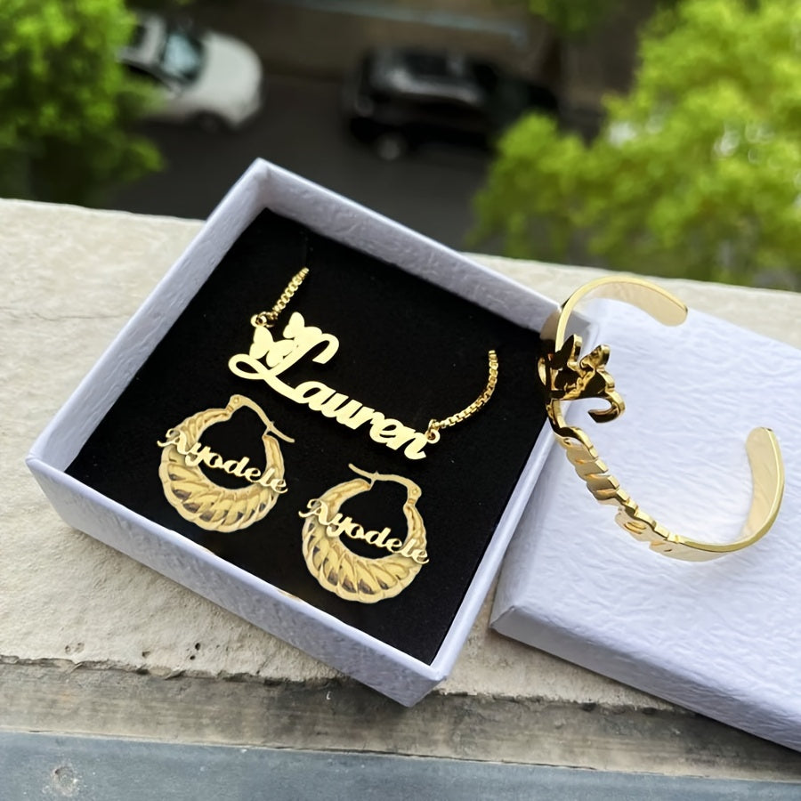 Personalized 4-in-1 Jewelry Set - Custom Name Necklace & Bangle, Dime Hoop Earrings, Stainless Steel, Elegant & Simple Style - Perfect Gift for Her, Daily Wear & Special Occasions