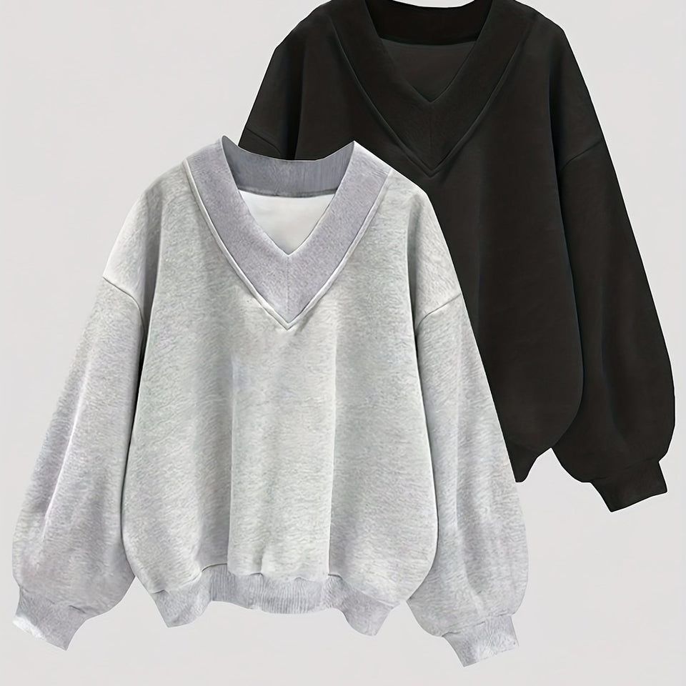 2-Pack Cozy Solid Pullover V-Neck Sweatshirts - Soft, Casual, Long-Sleeve, Fall & Winter Essentials for Women - Comfortable, Versatile, and Chic Clothing for Everyday Wear