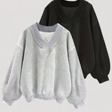 2-Pack Cozy Solid Pullover V-Neck Sweatshirts - Soft, Casual, Long-Sleeve, Fall & Winter Essentials for Women - Comfortable, Versatile, and Chic Clothing for Everyday Wear