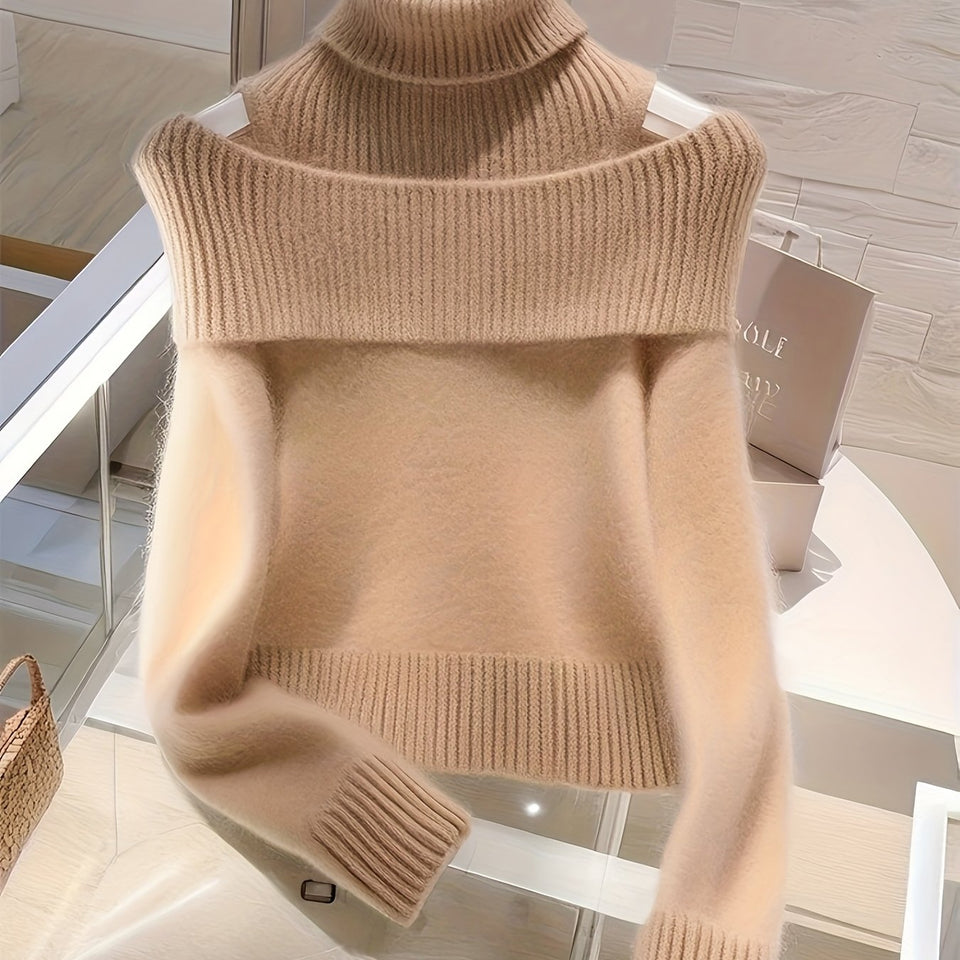 Women's Elegant High-Neck Turtleneck Sweater - Exposed Shoulder Design, Medium Stretch, Machine Washable, Solid Color Regular Fit Long Sleeve Pullover for Fall Winter, Seasonal Wardrobe, Minimalist Style, Cozy Material, Styli