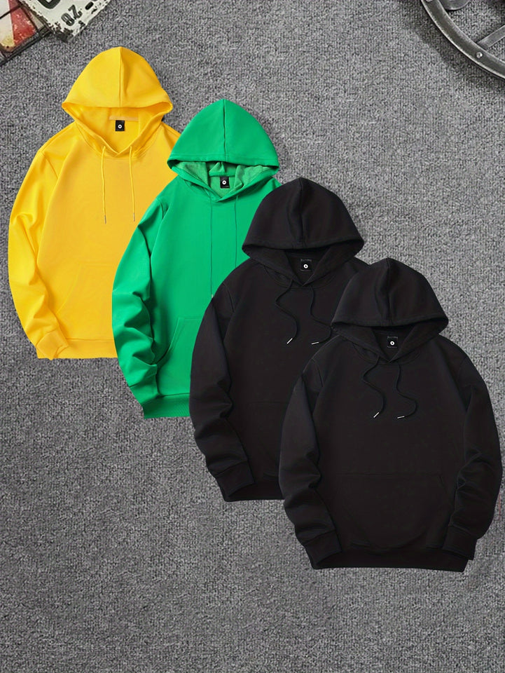 4pcs, Premium Solid Color Hooded Sweatshirts for Men - Fashion Hoodies with Kangaroo Pocket, Long Sleeve, Casual Outdoors and Sports Wear - Fall and Winter Essentials