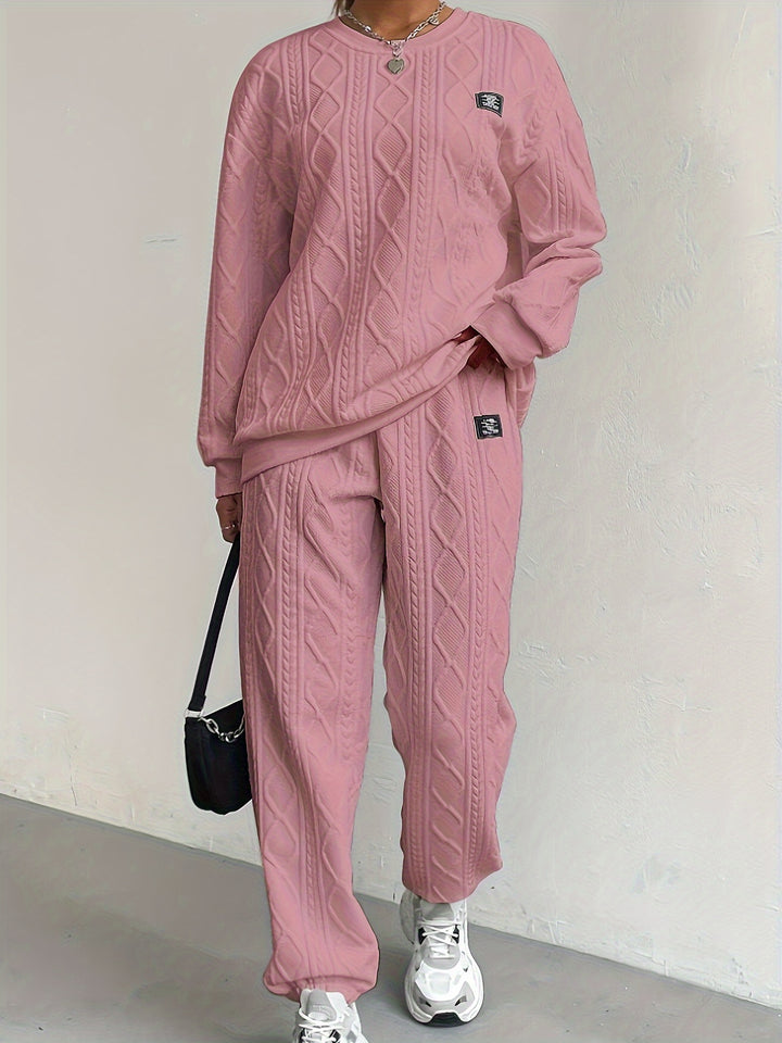 Women's Cozy Textured Pants Set - Soft Long Sleeve Crew Neck Sweatshirt, Comfortable Jogger Sweatpants Outfit, Casual Wear for Daily Life, Autumn Winter Essentials