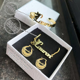 Personalized 4-in-1 Jewelry Set - Custom Name Necklace & Bangle, Dime Hoop Earrings, Stainless Steel, Elegant & Simple Style - Perfect Gift for Her, Daily Wear & Special Occasions