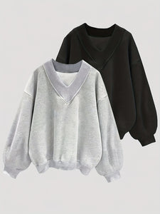 2-Pack Cozy Solid Pullover V-Neck Sweatshirts - Soft, Casual, Long-Sleeve, Fall & Winter Essentials for Women - Comfortable, Versatile, and Chic Clothing for Everyday Wear