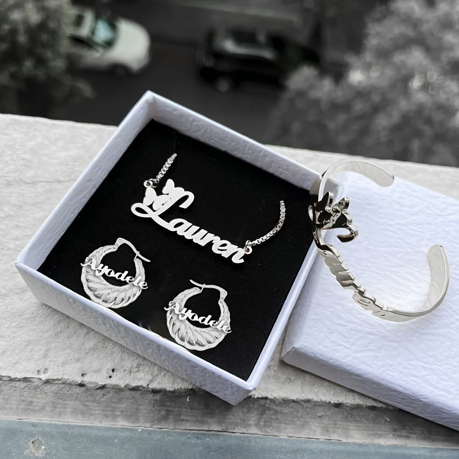Personalized 4-in-1 Jewelry Set - Custom Name Necklace & Bangle, Dime Hoop Earrings, Stainless Steel, Elegant & Simple Style - Perfect Gift for Her, Daily Wear & Special Occasions