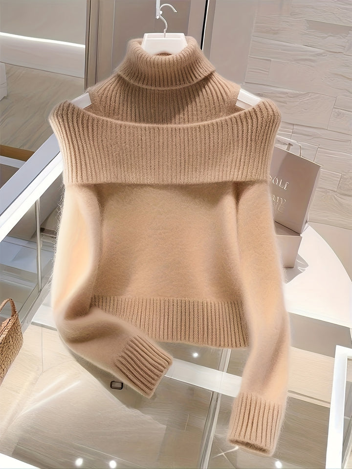 Women's Elegant High-Neck Turtleneck Sweater - Exposed Shoulder Design, Medium Stretch, Machine Washable, Solid Color Regular Fit Long Sleeve Pullover for Fall Winter, Seasonal Wardrobe, Minimalist Style, Cozy Material, Styli