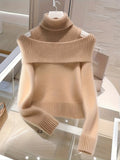 Women's Elegant High-Neck Turtleneck Sweater - Exposed Shoulder Design, Medium Stretch, Machine Washable, Solid Color Regular Fit Long Sleeve Pullover for Fall Winter, Seasonal Wardrobe, Minimalist Style, Cozy Material, Styli