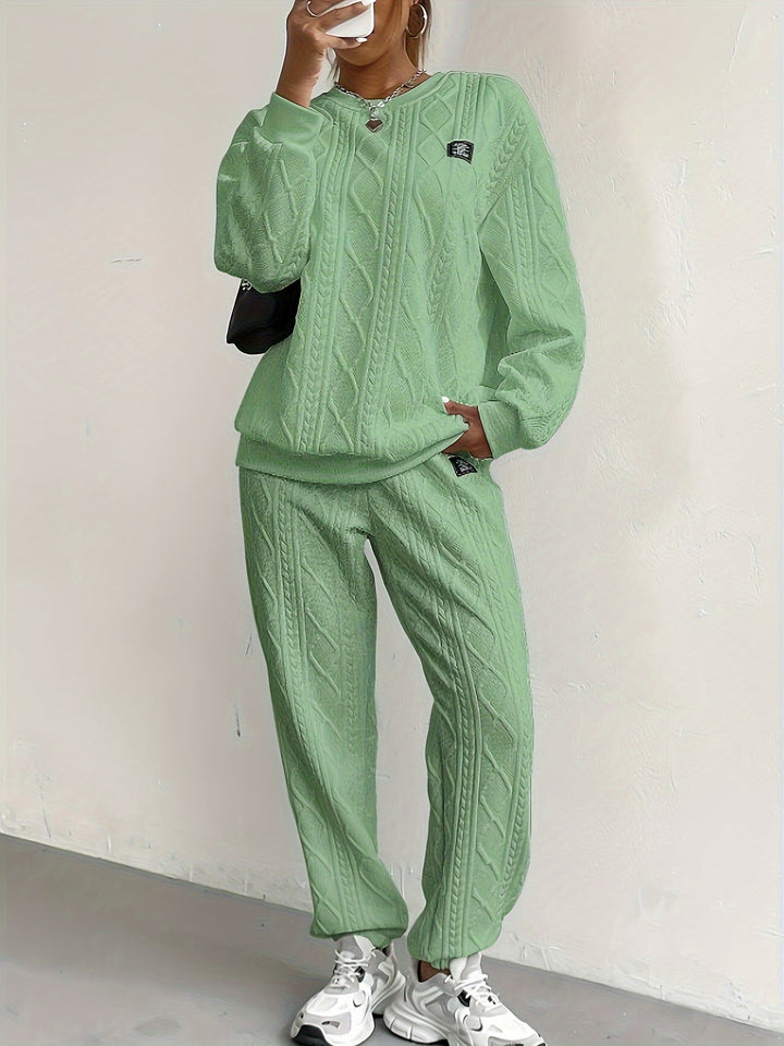 Women's Cozy Textured Pants Set - Soft Long Sleeve Crew Neck Sweatshirt, Comfortable Jogger Sweatpants Outfit, Casual Wear for Daily Life, Autumn Winter Essentials