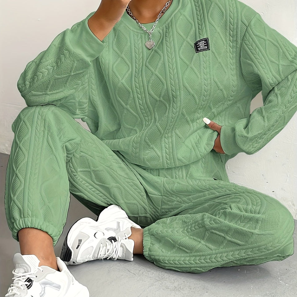 Women's Cozy Textured Pants Set - Soft Long Sleeve Crew Neck Sweatshirt, Comfortable Jogger Sweatpants Outfit, Casual Wear for Daily Life, Autumn Winter Essentials