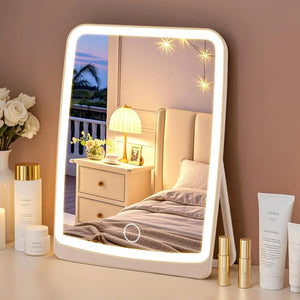 LED Compact Rechargeable Makeup Mirror with 3-Color Lighting, Dimmable Touch Screen, Lighted Travel and Tabletop Cosmetic Mirror