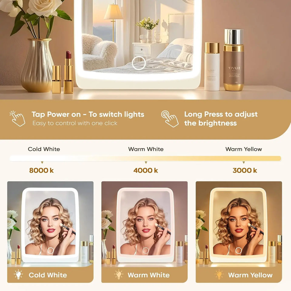 LED Compact Rechargeable Makeup Mirror with 3-Color Lighting, Dimmable Touch Screen, Lighted Travel and Tabletop Cosmetic Mirror