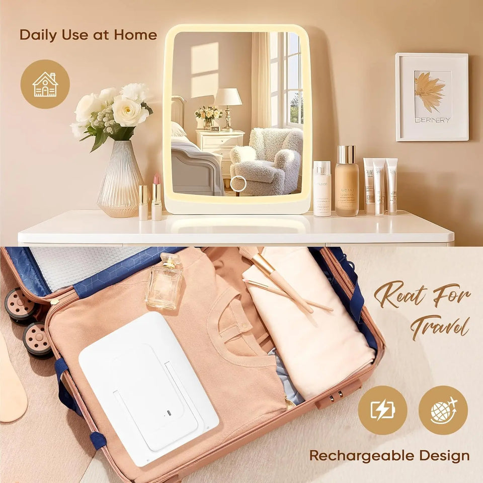 LED Compact Rechargeable Makeup Mirror with 3-Color Lighting, Dimmable Touch Screen, Lighted Travel and Tabletop Cosmetic Mirror