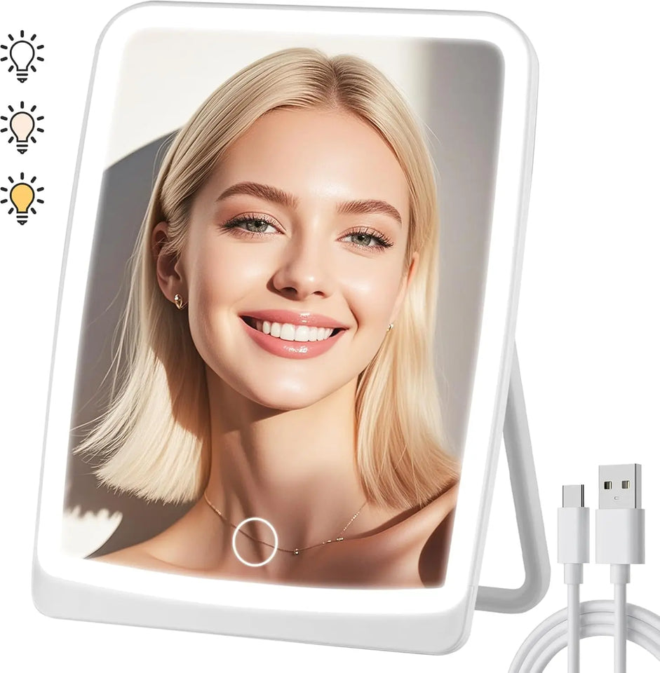 LED Compact Rechargeable Makeup Mirror with 3-Color Lighting, Dimmable Touch Screen, Lighted Travel and Tabletop Cosmetic Mirror