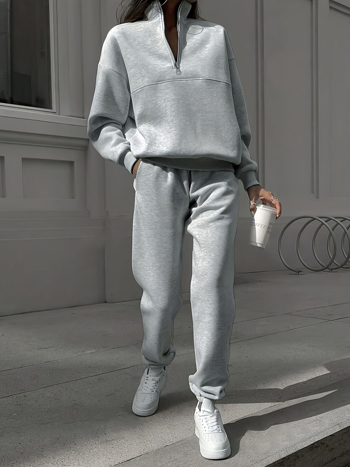 Cozy Chic Pantsuit Outfit - Women's Clothing - Long Sleeve Zip Up Sweatshirt, Slant Pockets Sweatpants, Solid Color, Casual, Comfortable, Everyday Wear, Autumn Winter Essentials