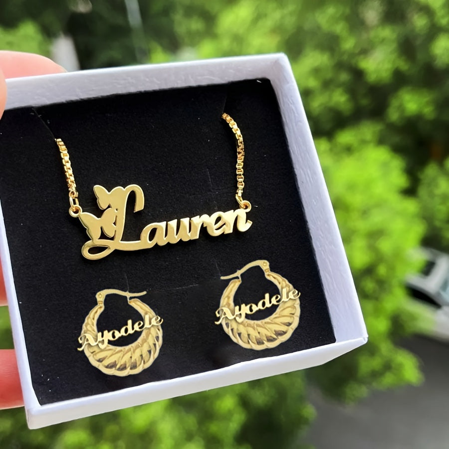 Personalized 4-in-1 Jewelry Set - Custom Name Necklace & Bangle, Dime Hoop Earrings, Stainless Steel, Elegant & Simple Style - Perfect Gift for Her, Daily Wear & Special Occasions