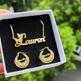 Personalized 4-in-1 Jewelry Set - Custom Name Necklace & Bangle, Dime Hoop Earrings, Stainless Steel, Elegant & Simple Style - Perfect Gift for Her, Daily Wear & Special Occasions