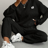 Women's Cozy Textured Pants Set - Soft Long Sleeve Crew Neck Sweatshirt, Comfortable Jogger Sweatpants Outfit, Casual Wear for Daily Life, Autumn Winter Essentials