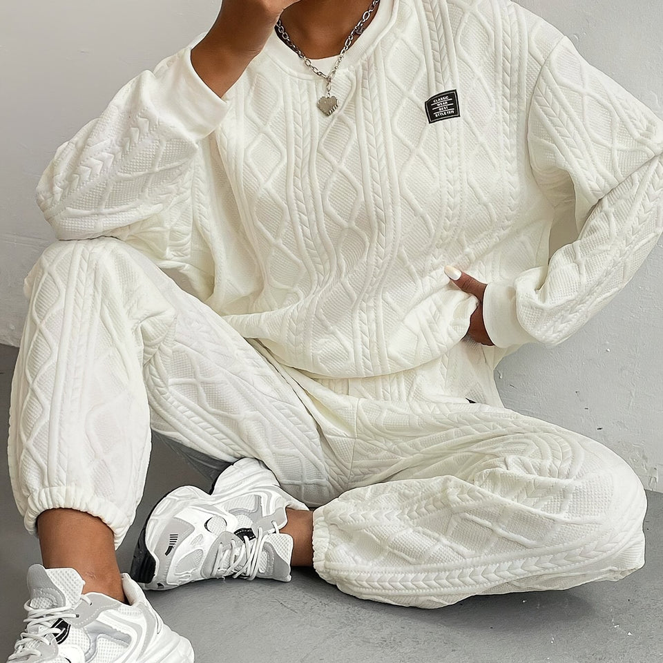 Women's Cozy Textured Pants Set - Soft Long Sleeve Crew Neck Sweatshirt, Comfortable Jogger Sweatpants Outfit, Casual Wear for Daily Life, Autumn Winter Essentials