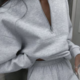 Cozy Chic Pantsuit Outfit - Women's Clothing - Long Sleeve Zip Up Sweatshirt, Slant Pockets Sweatpants, Solid Color, Casual, Comfortable, Everyday Wear, Autumn Winter Essentials
