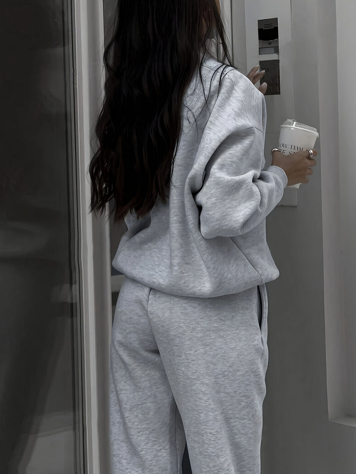 Cozy Chic Pantsuit Outfit - Women's Clothing - Long Sleeve Zip Up Sweatshirt, Slant Pockets Sweatpants, Solid Color, Casual, Comfortable, Everyday Wear, Autumn Winter Essentials