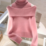Women's Elegant High-Neck Turtleneck Sweater - Exposed Shoulder Design, Medium Stretch, Machine Washable, Solid Color Regular Fit Long Sleeve Pullover for Fall Winter, Seasonal Wardrobe, Minimalist Style, Cozy Material, Styli