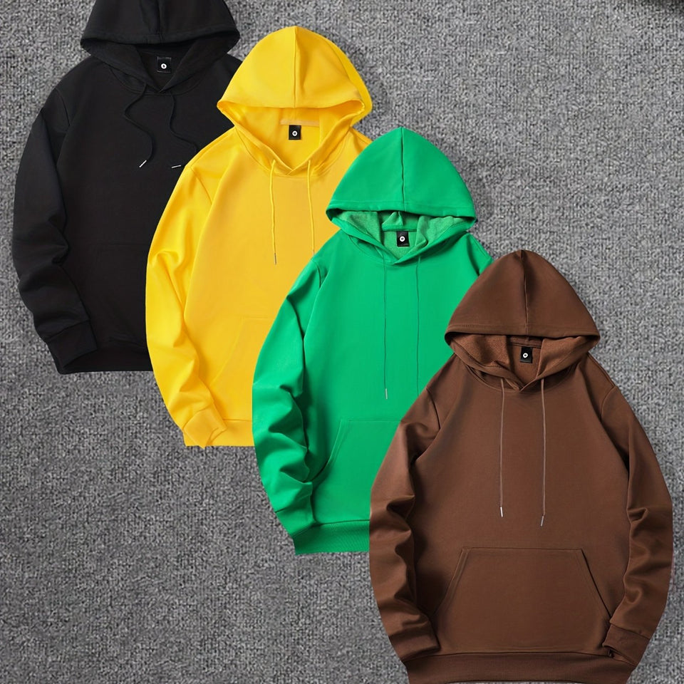 4pcs, Premium Solid Color Hooded Sweatshirts for Men - Fashion Hoodies with Kangaroo Pocket, Long Sleeve, Casual Outdoors and Sports Wear - Fall and Winter Essentials