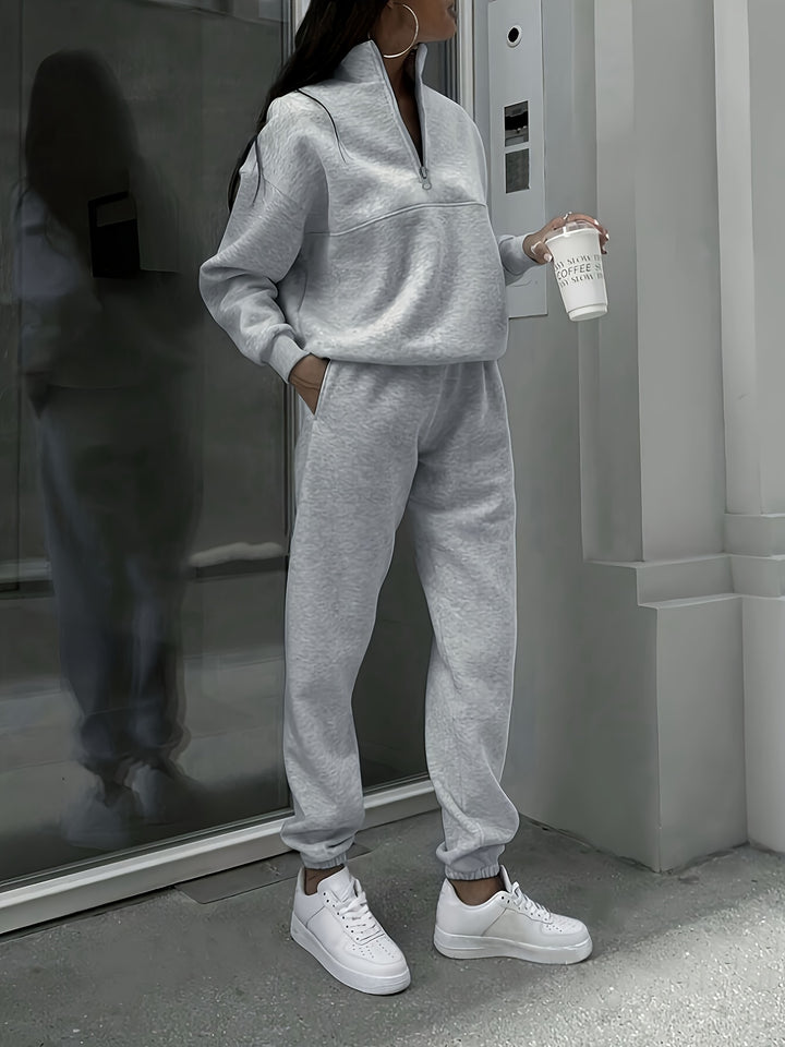 Cozy Chic Pantsuit Outfit - Women's Clothing - Long Sleeve Zip Up Sweatshirt, Slant Pockets Sweatpants, Solid Color, Casual, Comfortable, Everyday Wear, Autumn Winter Essentials