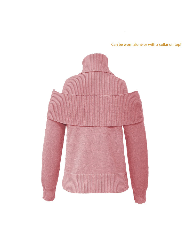 Women's Elegant High-Neck Turtleneck Sweater - Exposed Shoulder Design, Medium Stretch, Machine Washable, Solid Color Regular Fit Long Sleeve Pullover for Fall Winter, Seasonal Wardrobe, Minimalist Style, Cozy Material, Styli
